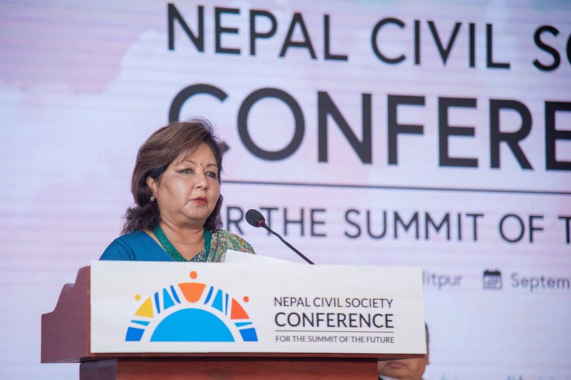 Honorable Minister of Foreign Affairs, Mrs. Aarju Deuba Rana, speaking at the Nepal Civil Society Conference for the Summit of the Fuure..jpg