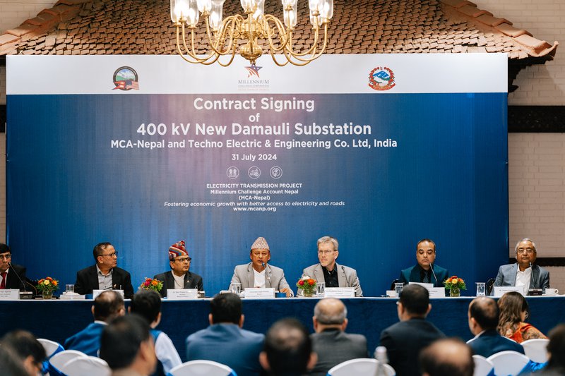 Minister for EWRI Dipak Khadka addressing the New Damauli Substation Contract Signing Ceremony on 31 July 2024.jpg