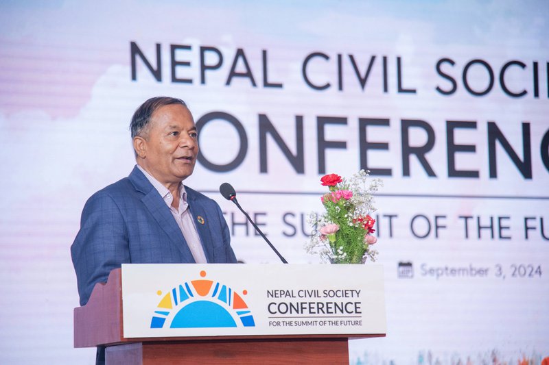 Ram Prasad Subedi, President of the NGO Federation of Nepal, speaking at the Nepal Civil Society Conference for the Summit of the Future.(1).jpg